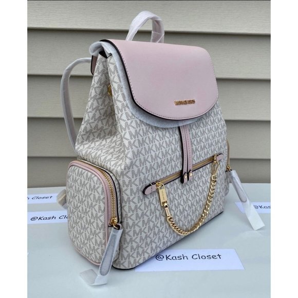 Michael Kors Backpack Jet Set MK Logo Large Chain Backpack Powder Blush Multi - Picture 2 of 11